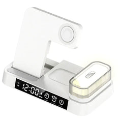 4-in-1 Multifunction Wireless Charging Station with Alarm Clock & RGB Night Light – Foldable Charger Stand for Phone, Watch & Earbuds