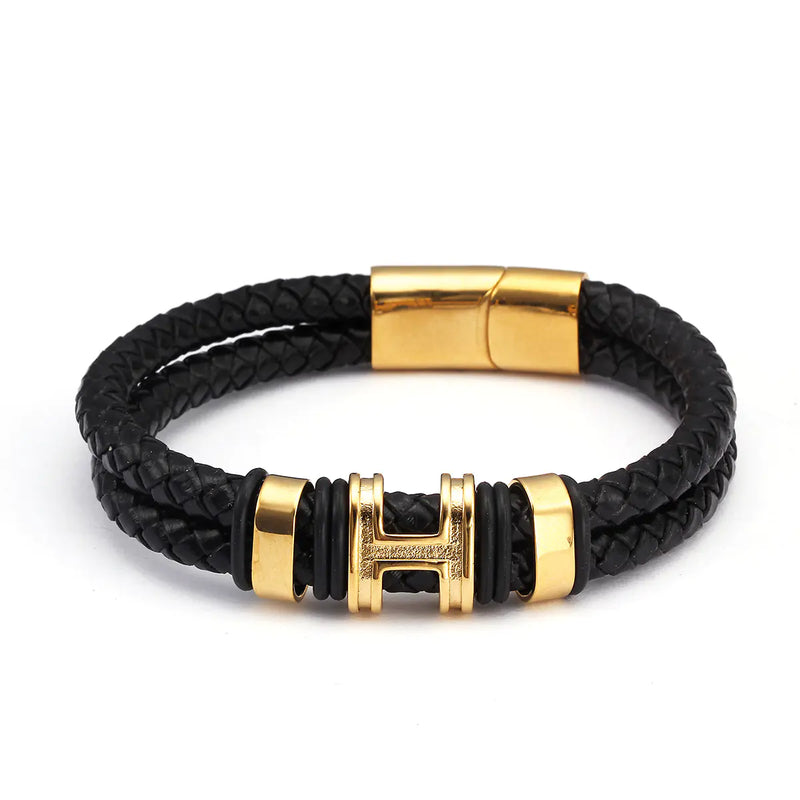 Retro Stainless Steel Ring & Leather Charm Bracelet