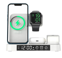 4-in-1 Multifunction Wireless Charging Station with Alarm Clock & RGB Night Light – Foldable Charger Stand for Phone, Watch & Earbuds