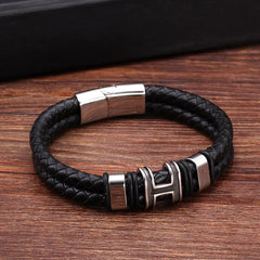 Retro Stainless Steel Ring & Leather Charm Bracelet