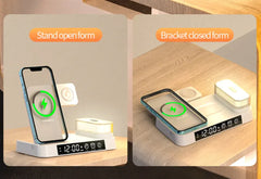 4-in-1 Multifunction Wireless Charging Station with Alarm Clock & RGB Night Light – Foldable Charger Stand for Phone, Watch & Earbuds