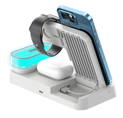 4-in-1 Multifunction Wireless Charging Station with Alarm Clock & RGB Night Light – Foldable Charger Stand for Phone, Watch & Earbuds